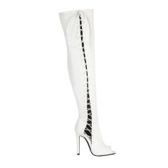 Peep Toe Stiletto Heels Crosstied Lace Up Over The Knees Thigh High Side Zipper Booties - White Patent