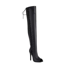 Peep Toe Stiletto Heels Crosstied Lace Up Over The Knees Thigh High Side Zipper Booties - Black Faux Leather
