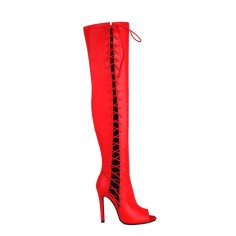 Peep Toe Stiletto Heels Crosstied Lace Up Over The Knees Thigh High Side Zipper Booties - Red Faux Leather