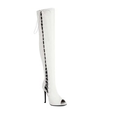 Peep Toe Stiletto Heels Crosstied Lace Up Over The Knees Thigh High Side Zipper Booties - White Faux Leather