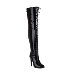 Peep Toe Stiletto Heels Lace Up Over The Knees Thigh High Back Zipper Booties - Black Patent