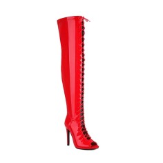 Peep Toe Stiletto Heels Lace Up Over The Knees Thigh High Back Zipper Booties - Red Patent