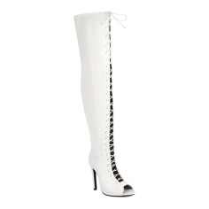 Peep Toe Stiletto Heels Lace Up Over The Knees Thigh High Back Zipper Booties - White Patent