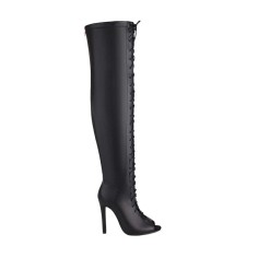 Peep Toe Stiletto Heels Lace Up Over The Knees Thigh High Back Zipper Booties - Black Faux Leather