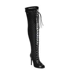 Peep Toe Stiletto Heels Lace Up Flock Hollow Over The Knees Thigh High Back Zipper Booties - Black Patent