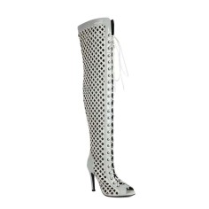 Peep Toe Stiletto Heels Lace Up Flock Hollow Over The Knees Thigh High Back Zipper Booties - Gray Patent