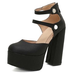 Round Toe Platforms Double Mary Janes Straps Back Zipper Vintage Style Chunky Heels Sandals - Black Faux Leather