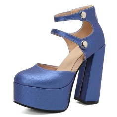Round Toe Platforms Double Mary Janes Straps Back Zipper Vintage Style Chunky Heels Sandals - Blue Faux Leather