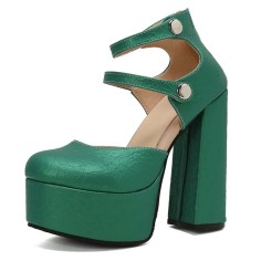 Round Toe Platforms Double Mary Janes Straps Back Zipper Vintage Style Chunky Heels Sandals - Green Faux Leather