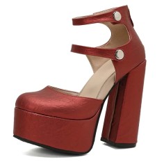 Round Toe Platforms Double Mary Janes Straps Back Zipper Vintage Style Chunky Heels Sandals - Red Faux Leather