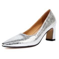 Pointed Toe Chunky Heels Rustic Metallic Pumps - Silver Faux Leather