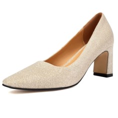 Pointed Toe Chunky Heels Shimmer Glitters Pumps - Beige Microfiber