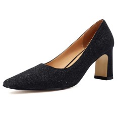 Pointed Toe Chunky Heels Shimmer Glitters Pumps - Black Microfiber