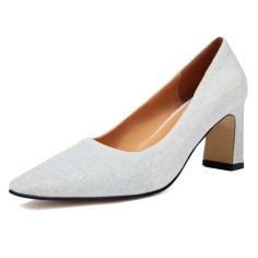 Pointed Toe Chunky Heels Shimmer Glitters Pumps - Silver Microfiber