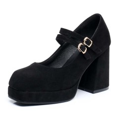 Square Toe Double Straps Mary Janes Chunky Heels Low Platforms Pumps - Black Flock