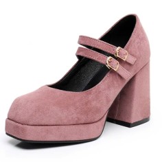 Square Toe Double Straps Mary Janes Chunky Heels Low Platforms Pumps - Pink Flock