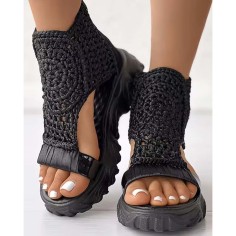Peep Toe Handmade Embroidery Platforms Flat Summer Ankle High Sandals - Black Polyester