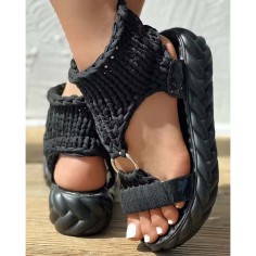 Peep Toe Handmade Embroidery Platforms Flat Summer Ankle High Sandals - Black Polyester