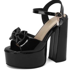 Peep Toe Bowtied Platforms Chunky Heels Sweet Color Ankle Buckle Straps Sandals - Black Patent