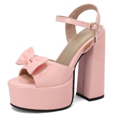Peep Toe Bowtied Platforms Chunky Heels Sweet Color Ankle Buckle Straps Sandals - Pink Patent