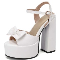 Peep Toe Bowtied Platforms Chunky Heels Sweet Color Ankle Buckle Straps Sandals - White Patent