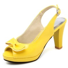 Peep Fish Mouth Toe Bowtied High Heels Sweet Color Slingback Straps Sandals - Yellow Patent
