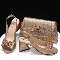 Peep Toe Rhinestones Glitters Chunky Heels Leopard Slingback Sandals with Bag  - Champagne Synthetic