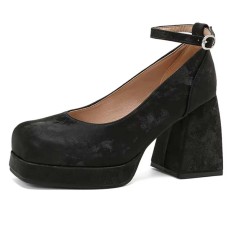Round Toe Chunky Heels Ankle Buckle Straps Elegant Summer Style Low Platforms Pumps - Black Velvet
