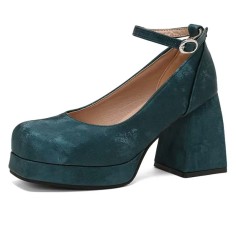 Round Toe Chunky Heels Ankle Buckle Straps Elegant Summer Style Low Platforms Pumps - Green Velvet