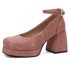 Round Toe Chunky Heels Ankle Buckle Straps Elegant Summer Style Low Platforms Pumps - Pink Velvet