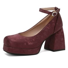 Round Toe Chunky Heels Ankle Buckle Straps Elegant Summer Style Low Platforms Pumps - Wine Burgundy Velvet
