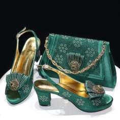 Peep Toe Rhinestones Glitters Chunky Heels Slingback Sandals Pumps with Bag  - Green Synthetic