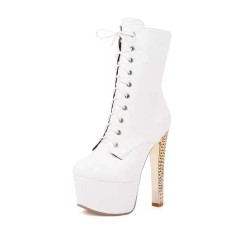 Round Toe Stiletto Golden Heels Checked Side Zipper Ankle Highs Booties - White Patent