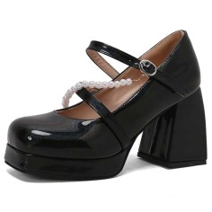 Square Toe String Bead Chunky Heels Mary Janes Low Platforms Pastel Pumps - Black Patent