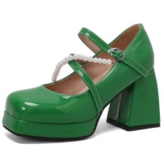 Square Toe String Bead Chunky Heels Mary Janes Low Platforms Pastel Pumps - Green Patent