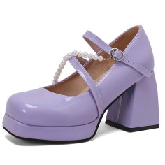 Square Toe String Bead Chunky Heels Mary Janes Low Platforms Pastel Pumps - Lavender Patent