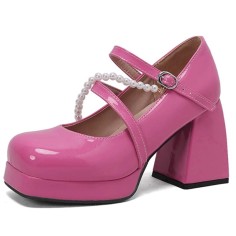 Square Toe String Bead Chunky Heels Mary Janes Low Platforms Pastel Pumps - Rose Patent