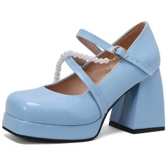Square Toe String Bead Chunky Heels Mary Janes Low Platforms Pastel Pumps - SkyBlue Patent