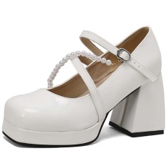 Square Toe String Bead Chunky Heels Mary Janes Low Platforms Pastel Pumps - White Patent