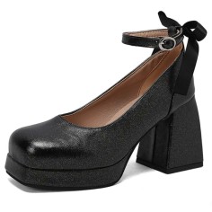 Square Toe Butterfly Knot Chunky Heels Ankle Buckle Cute Straps Low Platforms Pumps - Black Faux Leather