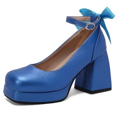 Square Toe Butterfly Knot Chunky Heels Ankle Buckle Cute Straps Low Platforms Pumps - Blue Faux Leather