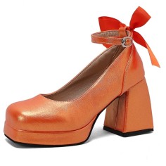Square Toe Butterfly Knot Chunky Heels Ankle Buckle Cute Straps Low Platforms Pumps - Orange Faux Leather