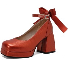 Square Toe Butterfly Knot Chunky Heels Ankle Buckle Cute Straps Low Platforms Pumps - Red Faux Leather