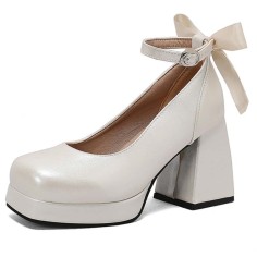 Square Toe Butterfly Knot Chunky Heels Ankle Buckle Cute Straps Low Platforms Pumps - White Faux Leather