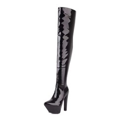 Pointed Toe Stiletto Heels Over The Knees Thigh High Glossy Platforms Boots - Black Patent