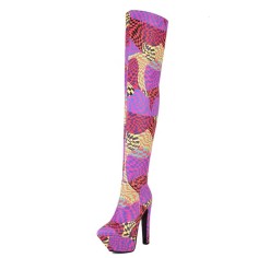 Pointed Toe Stiletto Heels Over The Knees Thigh High Glossy Platforms Boots - Multicolor Patent