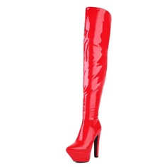 Pointed Toe Stiletto Heels Over The Knees Thigh High Glossy Platforms Boots - Red Patent