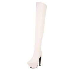 Pointed Toe Stiletto Heels Over The Knees Thigh High Glossy Platforms Boots - White Patent