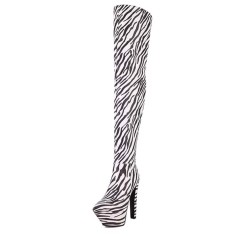 Pointed Toe Stiletto Heels Over The Knees Thigh High Glossy Platforms Boots - Zebra Patent
