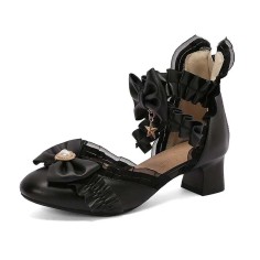Pointed Toe Ankle Buckle Straps Lace Decorated Chunky Heels Bowknot French Maid Pumps - Black Faux Leather